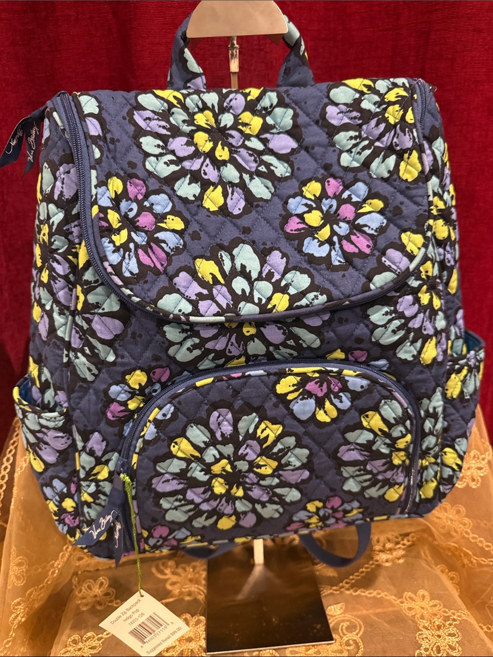 Vera Bradley Quilted Floral Navy Backpack with Yellow, Purple & Mint Accents